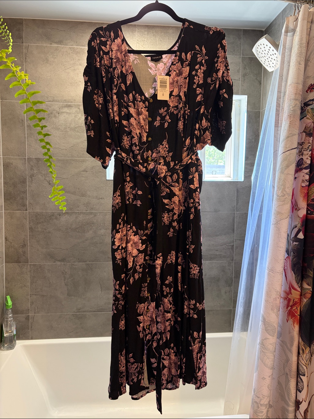 Torrid Black Floral Midi Dress With Pink Bouquet Print